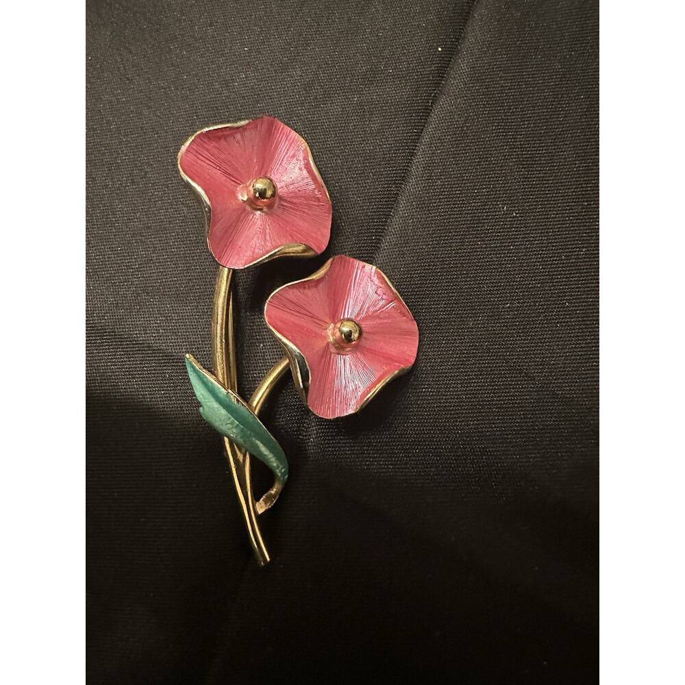 Vintage Pastelli Signed Long Stemmed Rose Flower & Leaves Brooch Pin Gold Tone